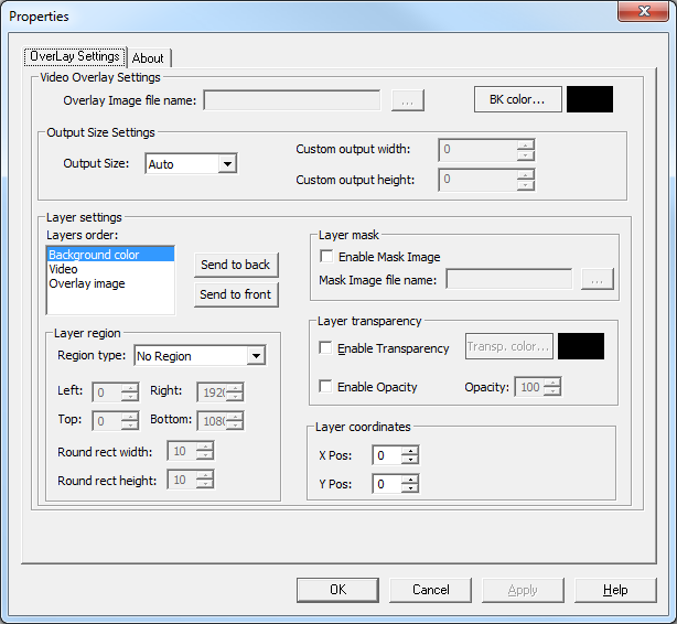 Video Image Overlay Filter property page Video Image Overlay Filter property page